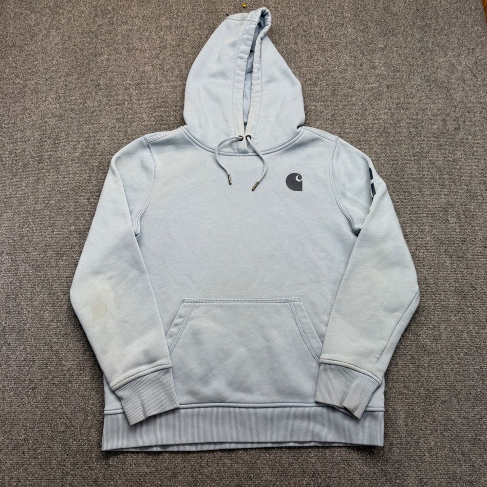 Carhartt Mens Relaxed Fit Logo Graphic Sleeve Hoodie Light Blue Size L 12-14